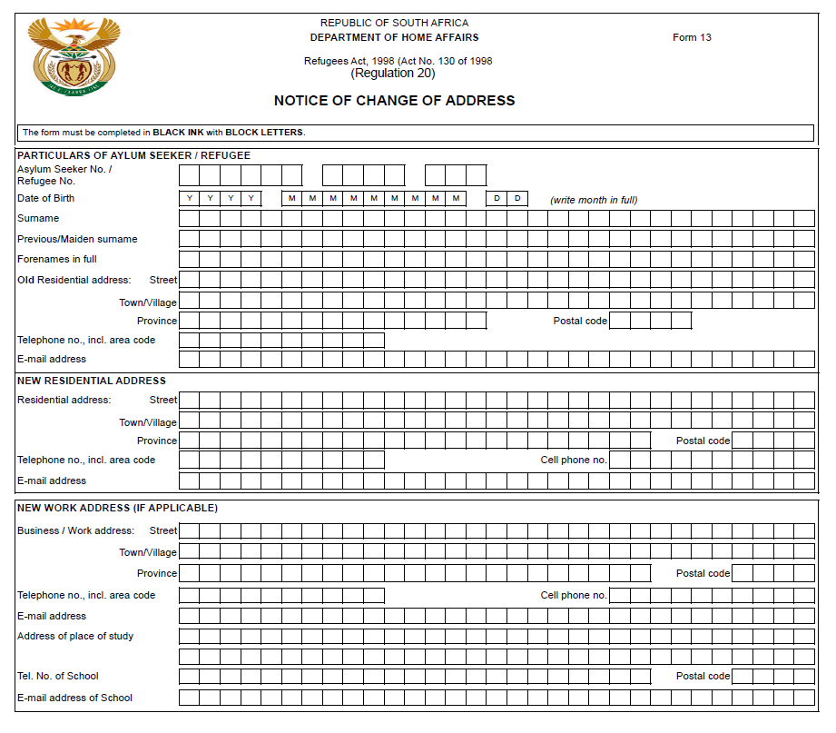 Form 13 Notice of Change of Address